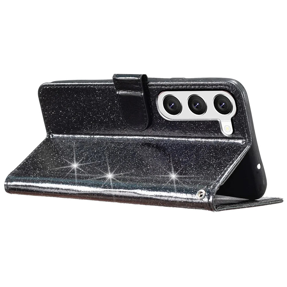 For Samsung Galaxy S24 Case Glittery PU Leather Anti-drop Wallet Cover - Black - 3