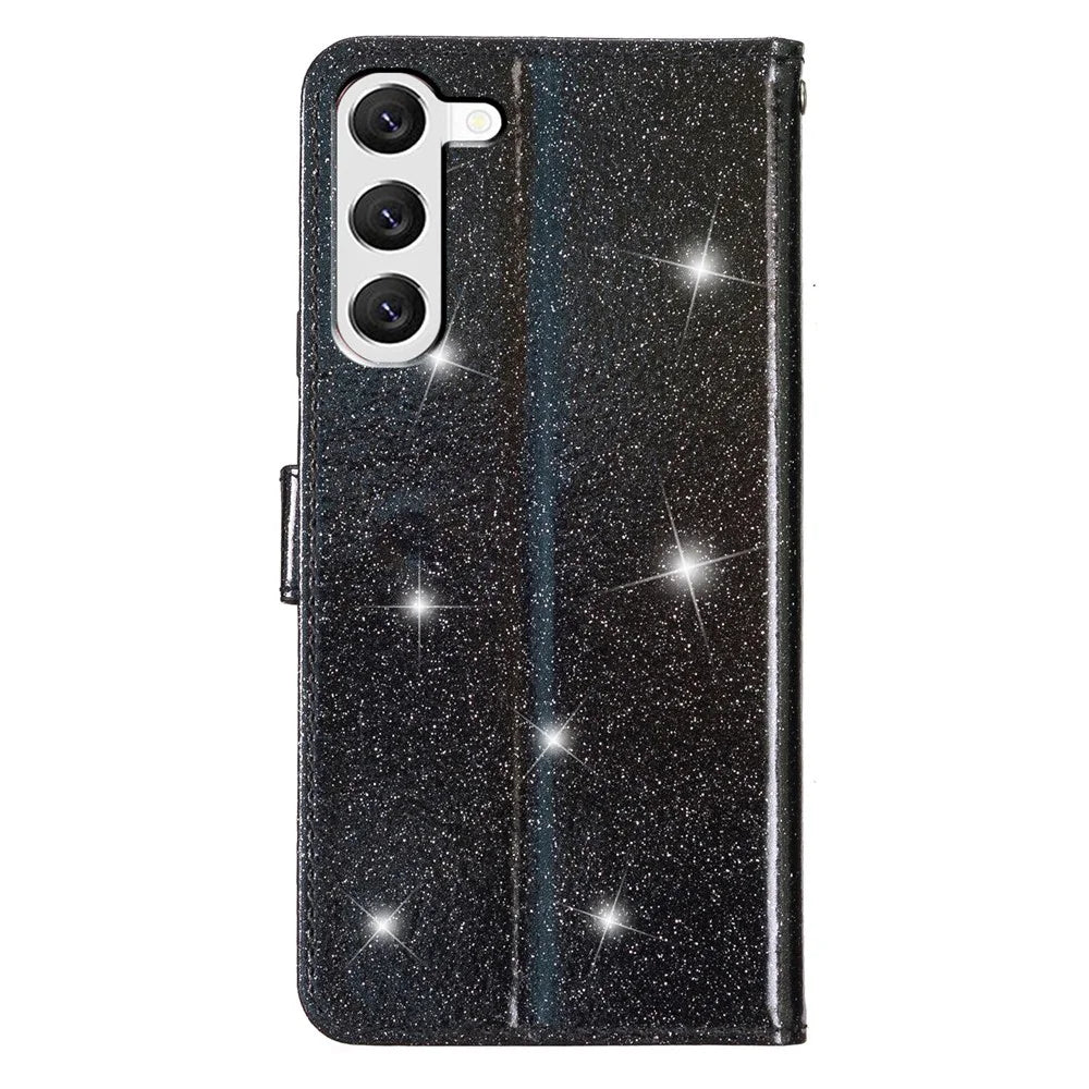 For Samsung Galaxy S24 Case Glittery PU Leather Anti-drop Wallet Cover - Black - 7