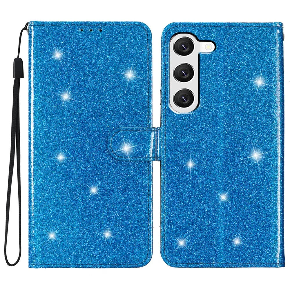 For Samsung Galaxy S24+ Case Glittery Phone Cover with Wallet Stand - Blue - 1