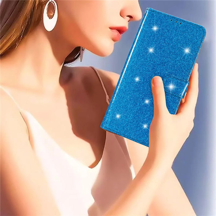 For Samsung Galaxy S24+ Case Glittery Phone Cover with Wallet Stand - Blue - 5