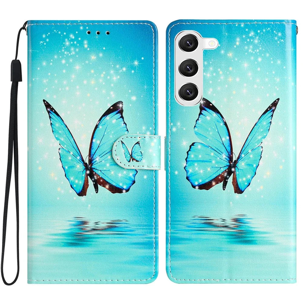 For Samsung Galaxy S24 Case Pattern Printing PU Leather Stand Phone Cover - Blue Butterfly - 1