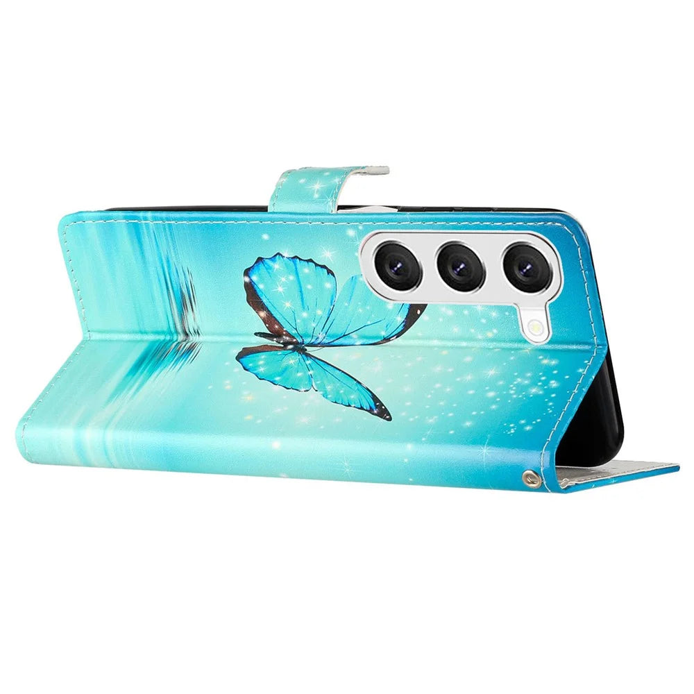 For Samsung Galaxy S24 Case Pattern Printing PU Leather Stand Phone Cover - Blue Butterfly - 3
