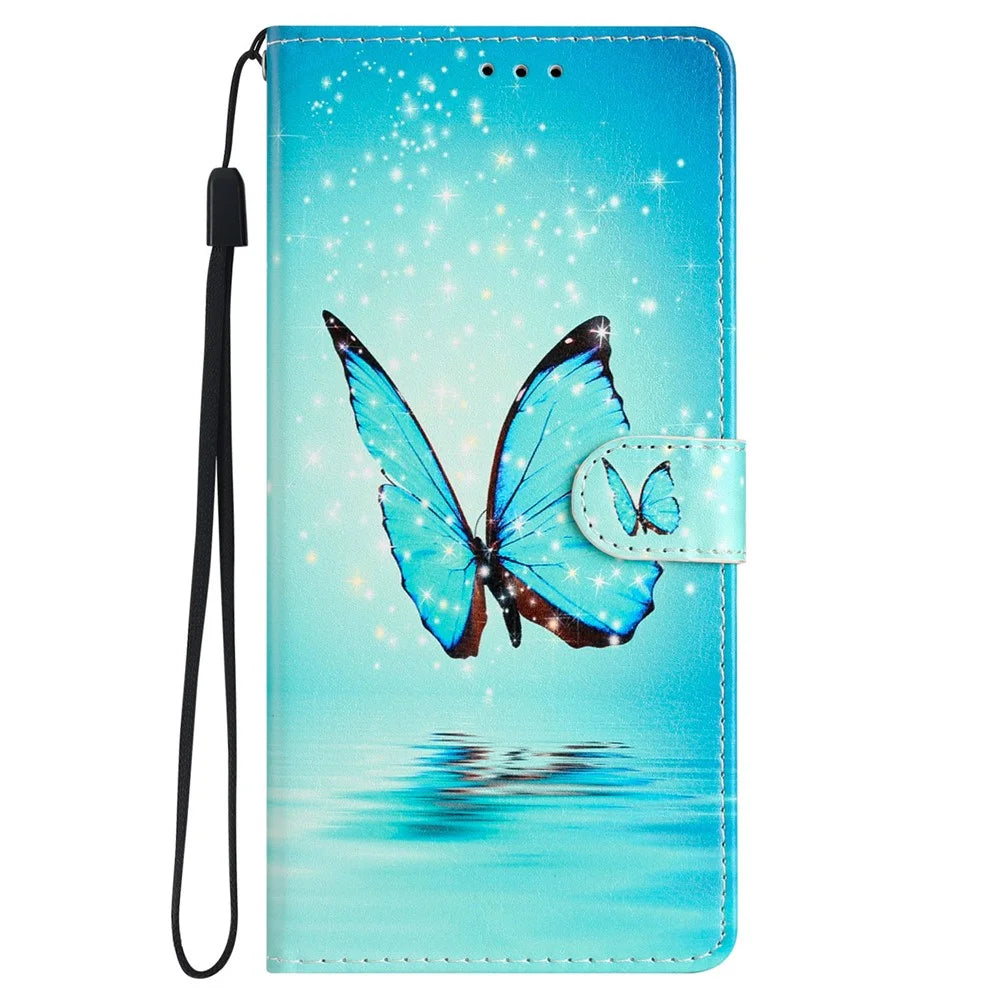 For Samsung Galaxy S24 Case Pattern Printing PU Leather Stand Phone Cover - Blue Butterfly - 7