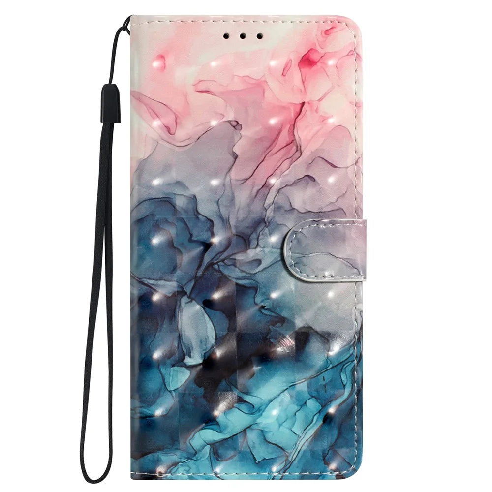 For Samsung Galaxy S24 Ultra Case PU Leather Wallet 3D Pattern Phone Cover - Pink Blue Marble - 6