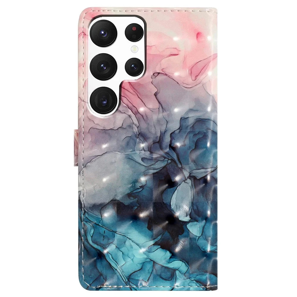 For Samsung Galaxy S24 Ultra Case PU Leather Wallet 3D Pattern Phone Cover - Pink Blue Marble - 7