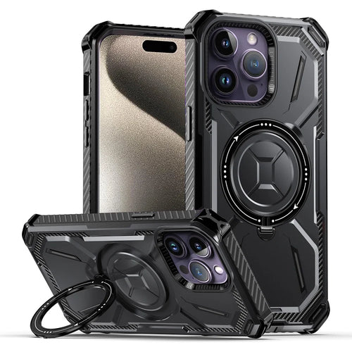 For iPhone 15 Pro Max Magnetic Case Kickstand PC+TPU Phone Cover - Black - 1