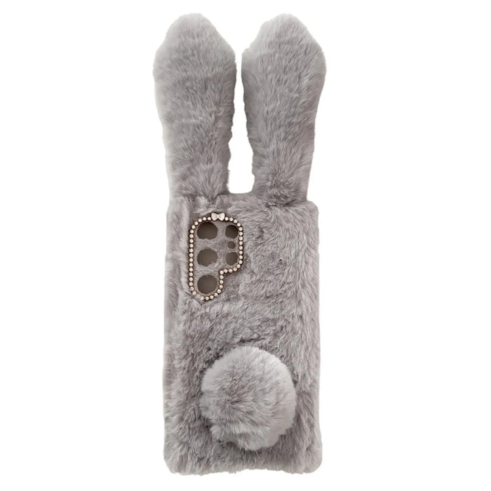 For Samsung Galaxy S24 Ultra Case Warm Fluffy 3D Bunny Ears Phone Cover - Light Grey - 1