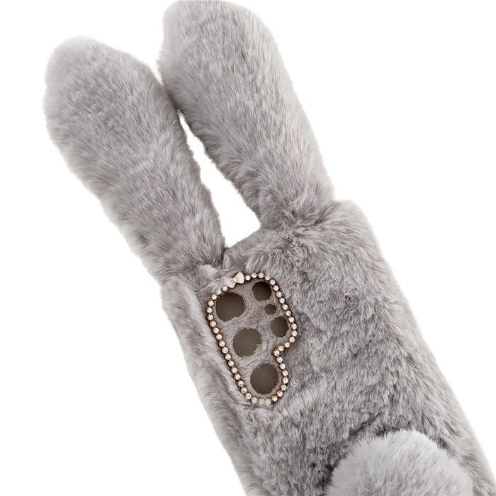 For Samsung Galaxy S24 Ultra Case Warm Fluffy 3D Bunny Ears Phone Cover - Light Grey - 3