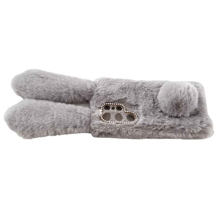 For Samsung Galaxy S24 Ultra Case Warm Fluffy 3D Bunny Ears Phone Cover - Light Grey - 4