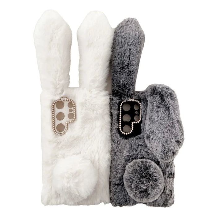 For Samsung Galaxy S24 Ultra Case Warm Fluffy 3D Bunny Ears Phone Cover - Light Grey - 5