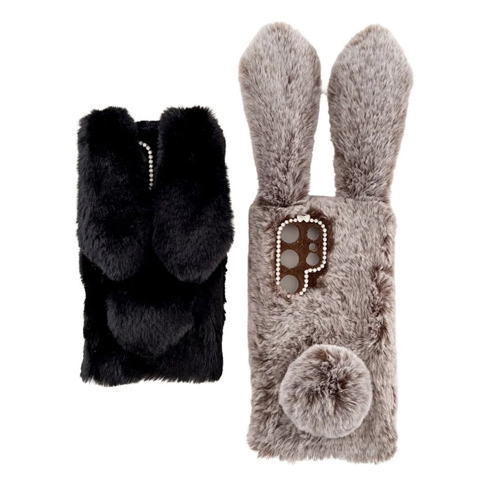 For Samsung Galaxy S24 Ultra Case Warm Fluffy 3D Bunny Ears Phone Cover - Light Grey - 6