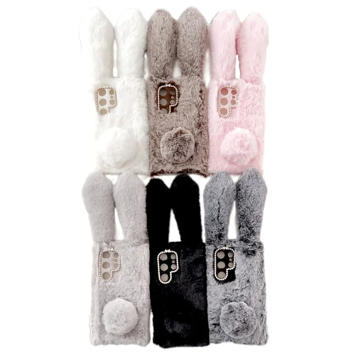 For Samsung Galaxy S24 Ultra Case Warm Fluffy 3D Bunny Ears Phone Cover - Light Grey - 7