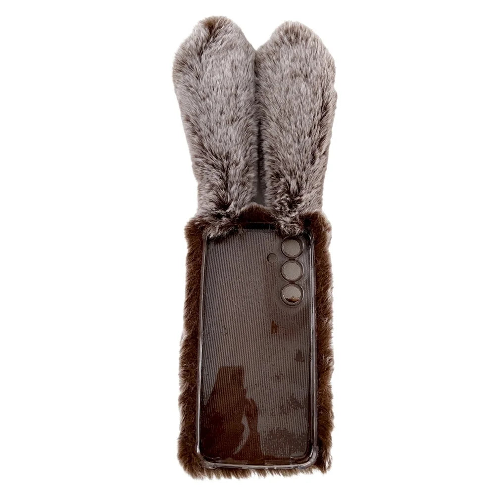 For Samsung Galaxy S24+ Case 3D Bunny Ears Fuzzy Winter Warm Phone Cover - Brown - 2