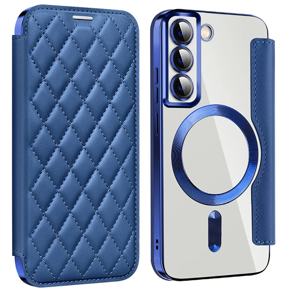 For Samsung Galaxy S22 5G Magnetic Case RFID Blocking Phone Leather Cover - Sapphire - 1