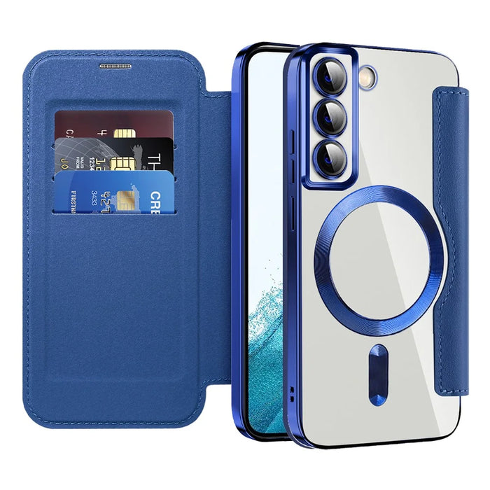 For Samsung Galaxy S22 5G Magnetic Case RFID Blocking Phone Leather Cover - Sapphire - 2