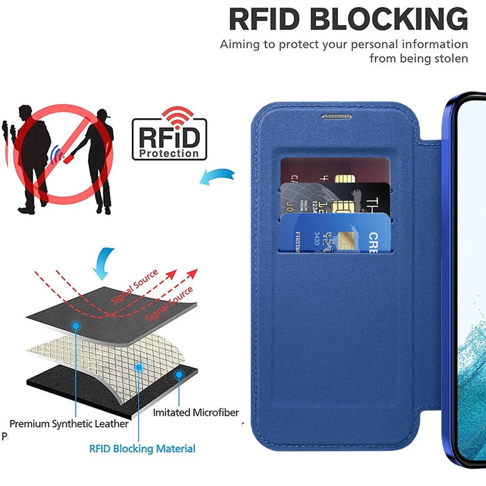 For Samsung Galaxy S22 5G Magnetic Case RFID Blocking Phone Leather Cover - Sapphire - 5