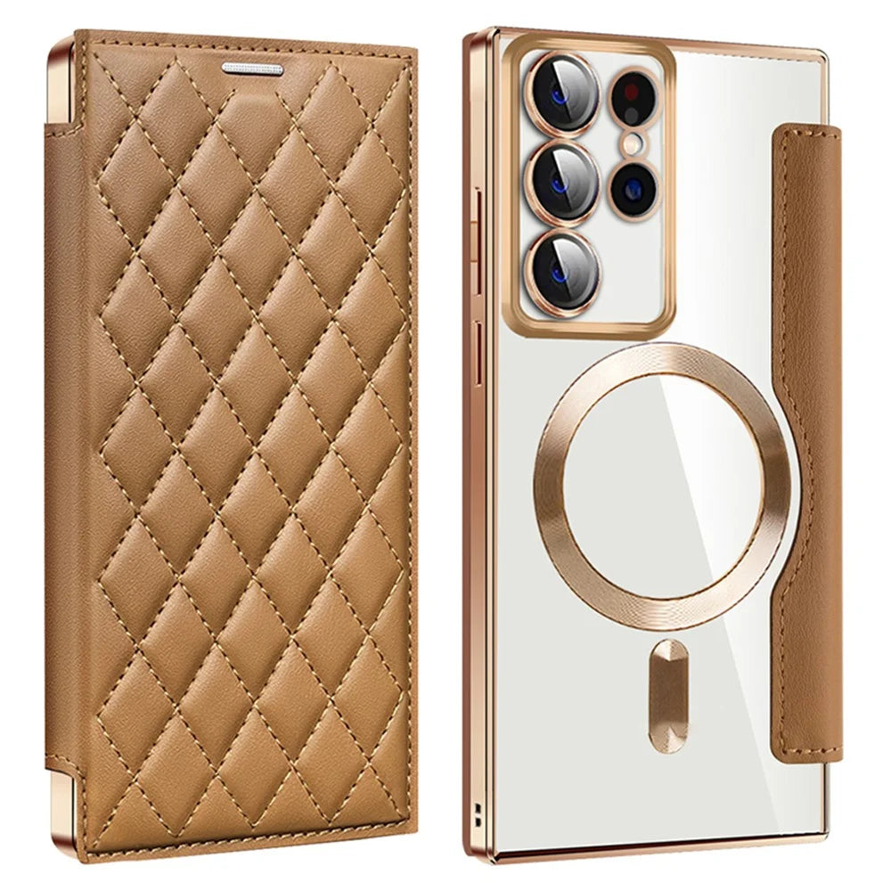For Samsung Galaxy S22 Ultra 5G Case Card Slots Phone Cover Magnetic Case - Brown - 1