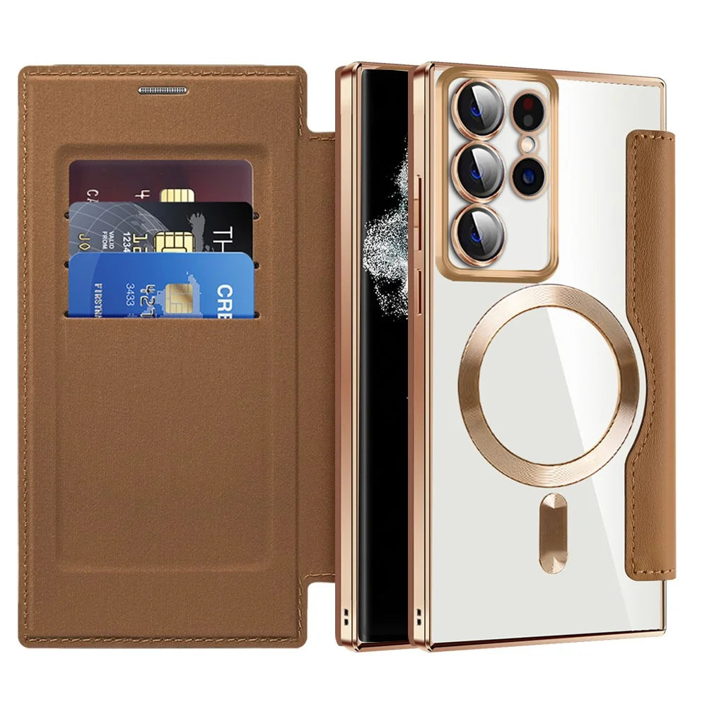 For Samsung Galaxy S22 Ultra 5G Case Card Slots Phone Cover Magnetic Case - Brown - 2