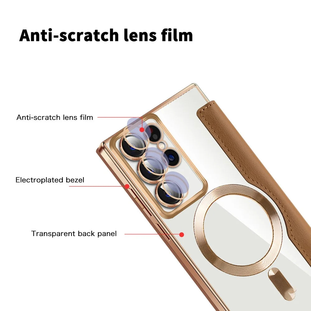 For Samsung Galaxy S22 Ultra 5G Case Card Slots Phone Cover Magnetic Case - Brown - 4