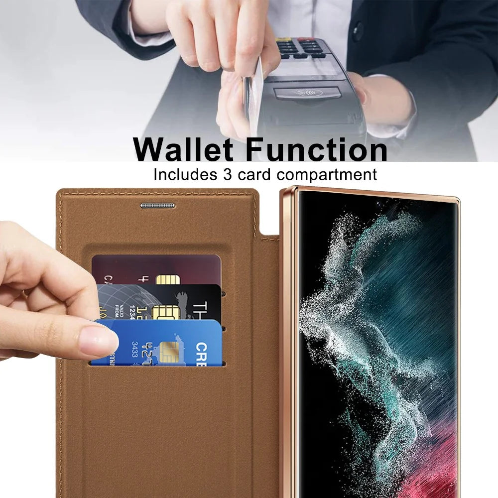 For Samsung Galaxy S22 Ultra 5G Case Card Slots Phone Cover Magnetic Case - Brown - 5