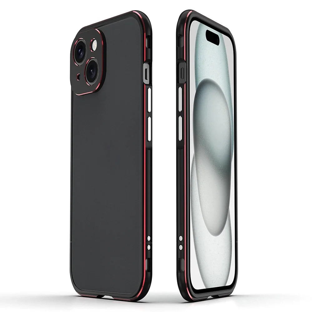 For iPhone 15 Case Metal Frame Bumper Phone Cover with Camera Lens Protection - Black+Red - 1