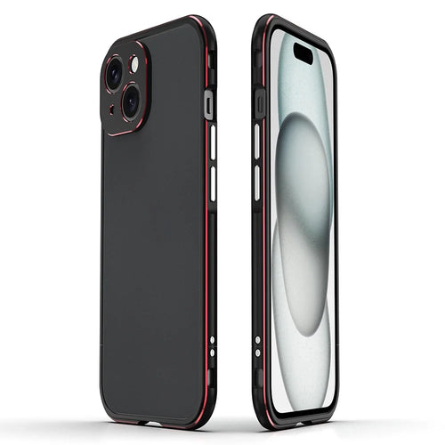 For iPhone 15 Case Metal Frame Bumper Phone Cover with Camera Lens Protection - Black+Red - 1