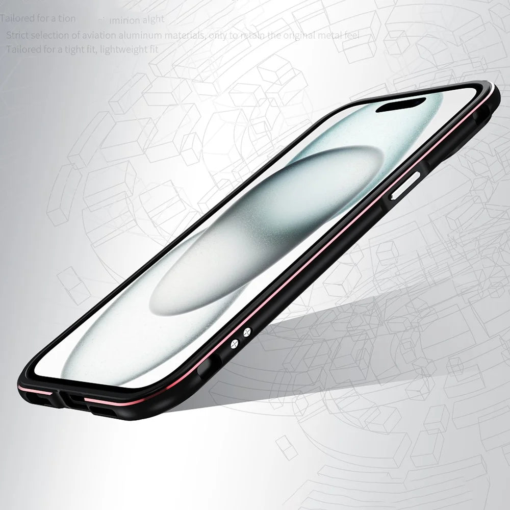 For iPhone 15 Case Metal Frame Bumper Phone Cover with Camera Lens Protection - Black+Red - 3
