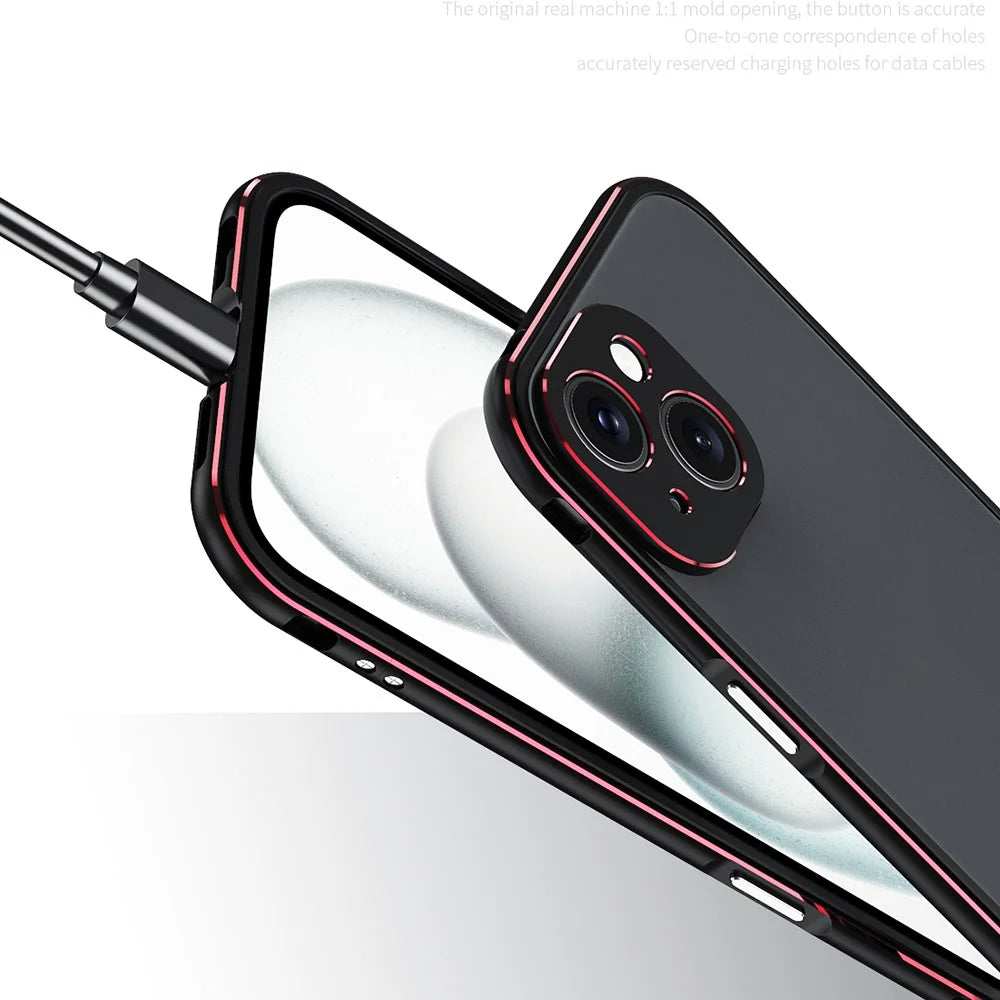 For iPhone 15 Case Metal Frame Bumper Phone Cover with Camera Lens Protection - Black+Red - 4
