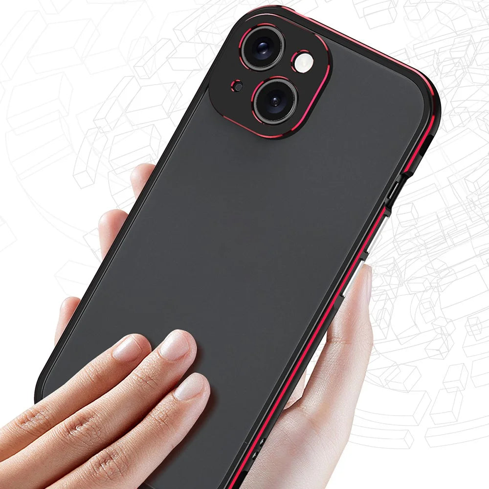 For iPhone 15 Case Metal Frame Bumper Phone Cover with Camera Lens Protection - Black+Red - 6