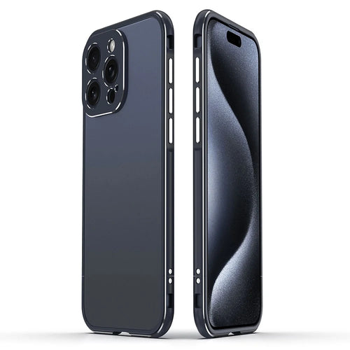 For iPhone 15 Pro Max Case Metal Frame Slim Smart Phone Cover with Camera Lens Guard - Blue+Silver - 1