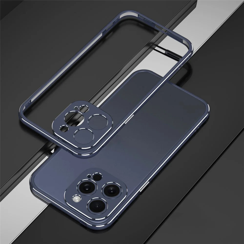 For iPhone 15 Pro Max Case Metal Frame Slim Smart Phone Cover with Camera Lens Guard - Blue+Silver - 2