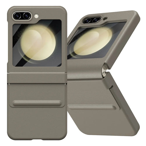 For Samsung Galaxy Z Flip5 5G Case Hinge Leather+PC Phone Cover with Tempered Glass Rear Screen Film - Light Coffee - 1