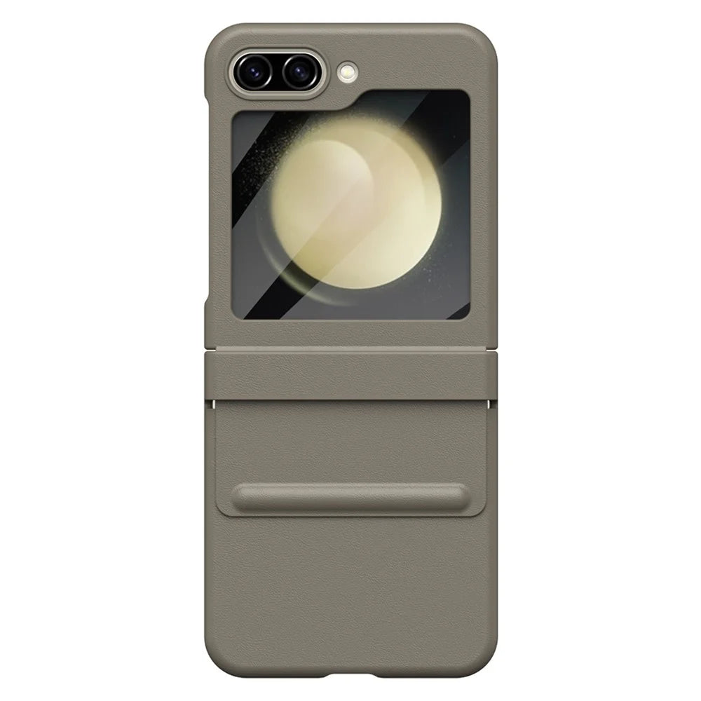 For Samsung Galaxy Z Flip5 5G Case Hinge Leather+PC Phone Cover with Tempered Glass Rear Screen Film - Light Coffee - 3
