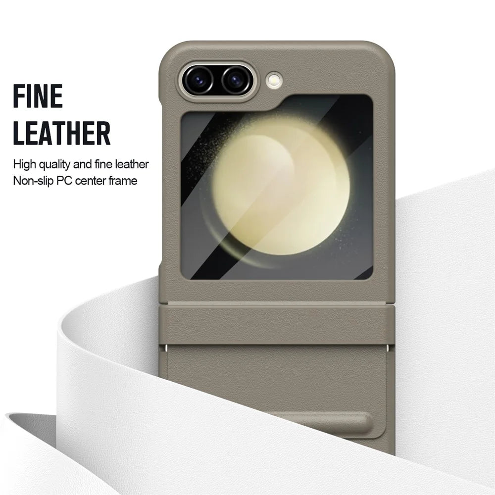For Samsung Galaxy Z Flip5 5G Case Hinge Leather+PC Phone Cover with Tempered Glass Rear Screen Film - Light Coffee - 4