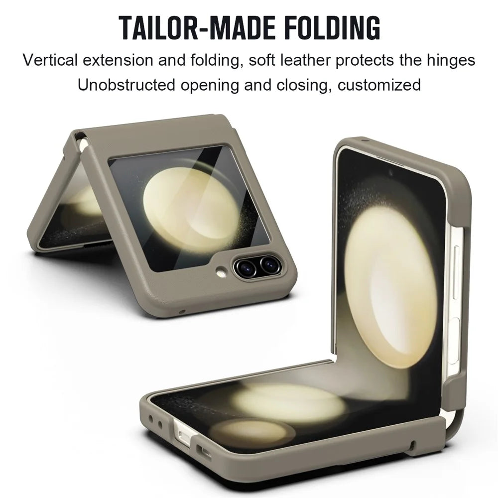 For Samsung Galaxy Z Flip5 5G Case Hinge Leather+PC Phone Cover with Tempered Glass Rear Screen Film - Light Coffee - 6