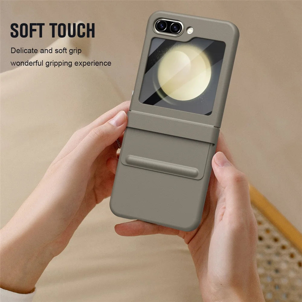 For Samsung Galaxy Z Flip5 5G Case Hinge Leather+PC Phone Cover with Tempered Glass Rear Screen Film - Light Coffee - 7