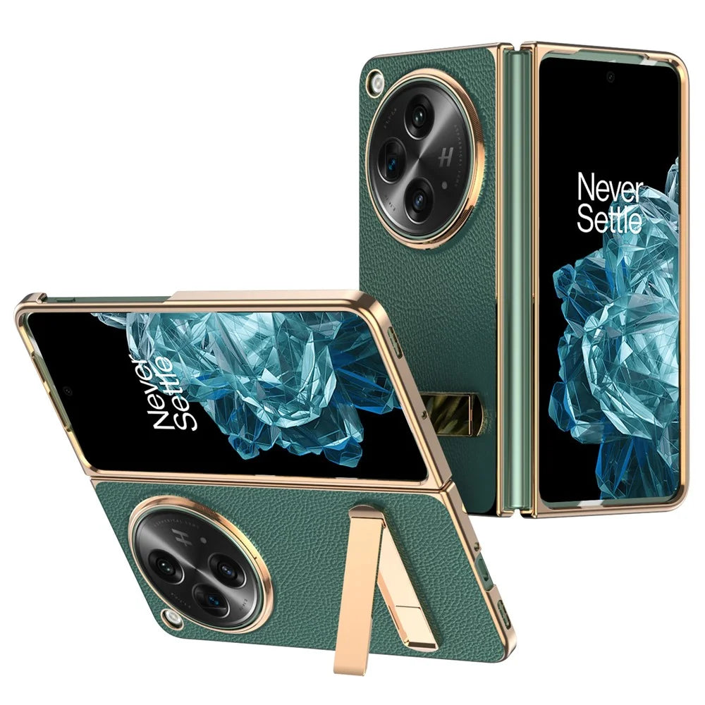 For OnePlus Open Case Litchi Texture Leather+PC Phone Kickstand Cover with Tempered Glass Film - Green - 1