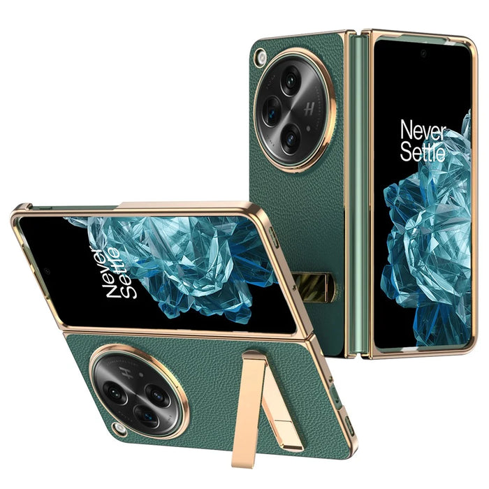 For OnePlus Open Case Litchi Texture Leather+PC Phone Kickstand Cover with Tempered Glass Film - Green - 1