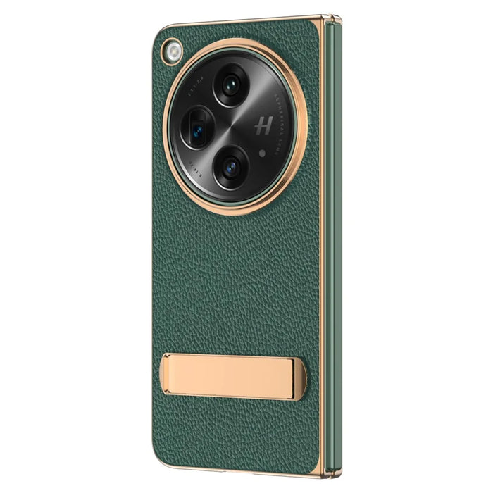 For OnePlus Open Case Litchi Texture Leather+PC Phone Kickstand Cover with Tempered Glass Film - Green - 2