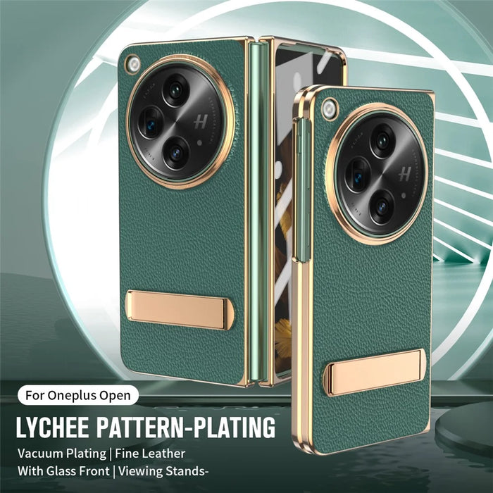 For OnePlus Open Case Litchi Texture Leather+PC Phone Kickstand Cover with Tempered Glass Film - Green - 4
