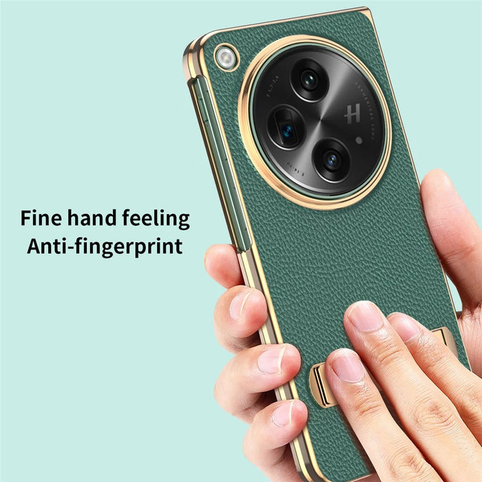 For OnePlus Open Case Litchi Texture Leather+PC Phone Kickstand Cover with Tempered Glass Film - Green - 5