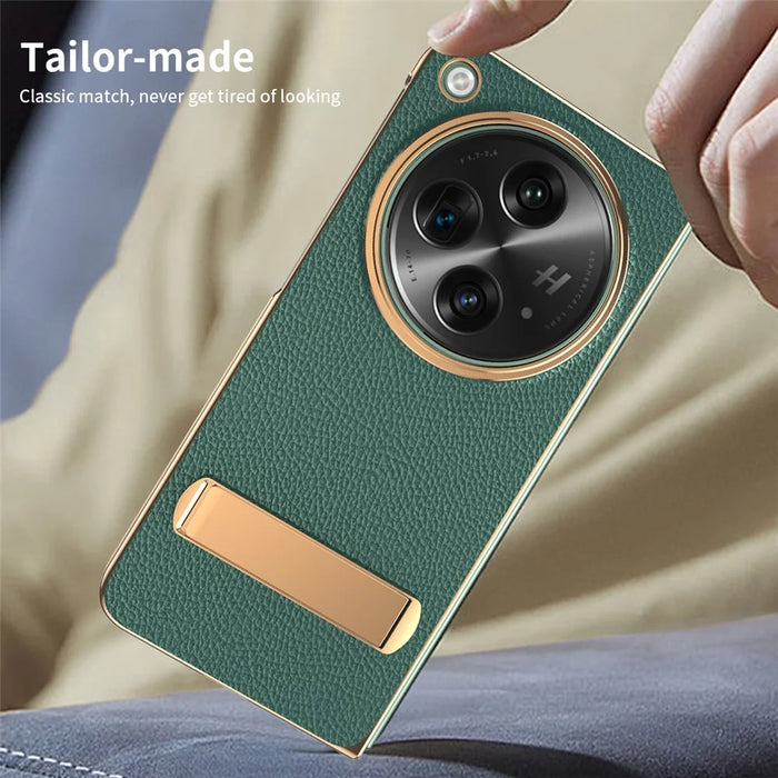 For OnePlus Open Case Litchi Texture Leather+PC Phone Kickstand Cover with Tempered Glass Film - Green - 7
