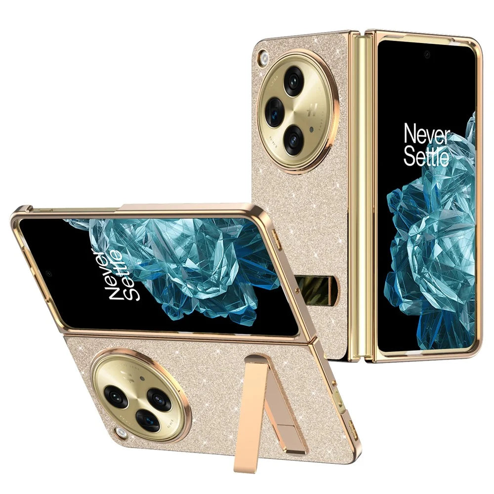 For OnePlus Open Case Kickstand Glitter PU Leather + PC Folding Phone Cover - Gold - 1