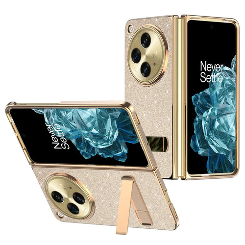 For OnePlus Open Case Kickstand Glitter PU Leather + PC Folding Phone Cover - Gold - 1