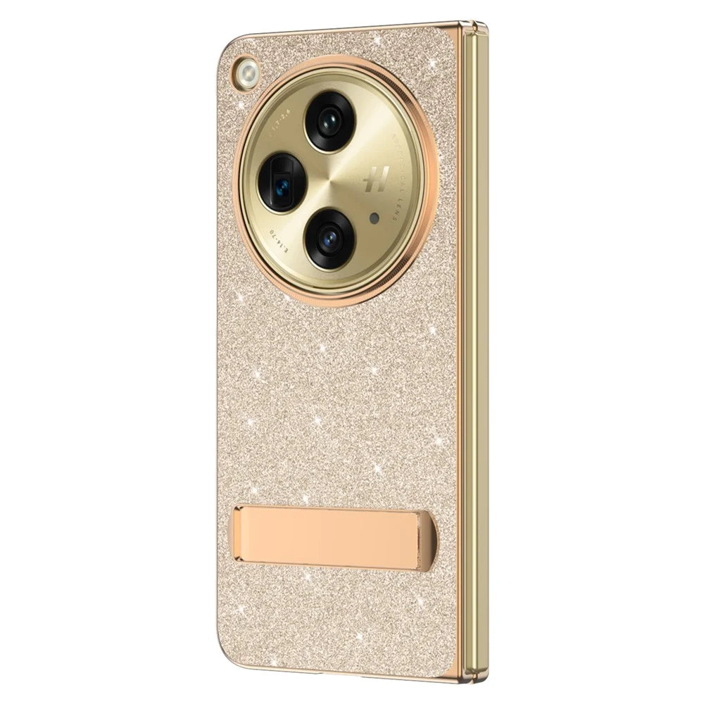 For OnePlus Open Case Kickstand Glitter PU Leather + PC Folding Phone Cover - Gold - 2