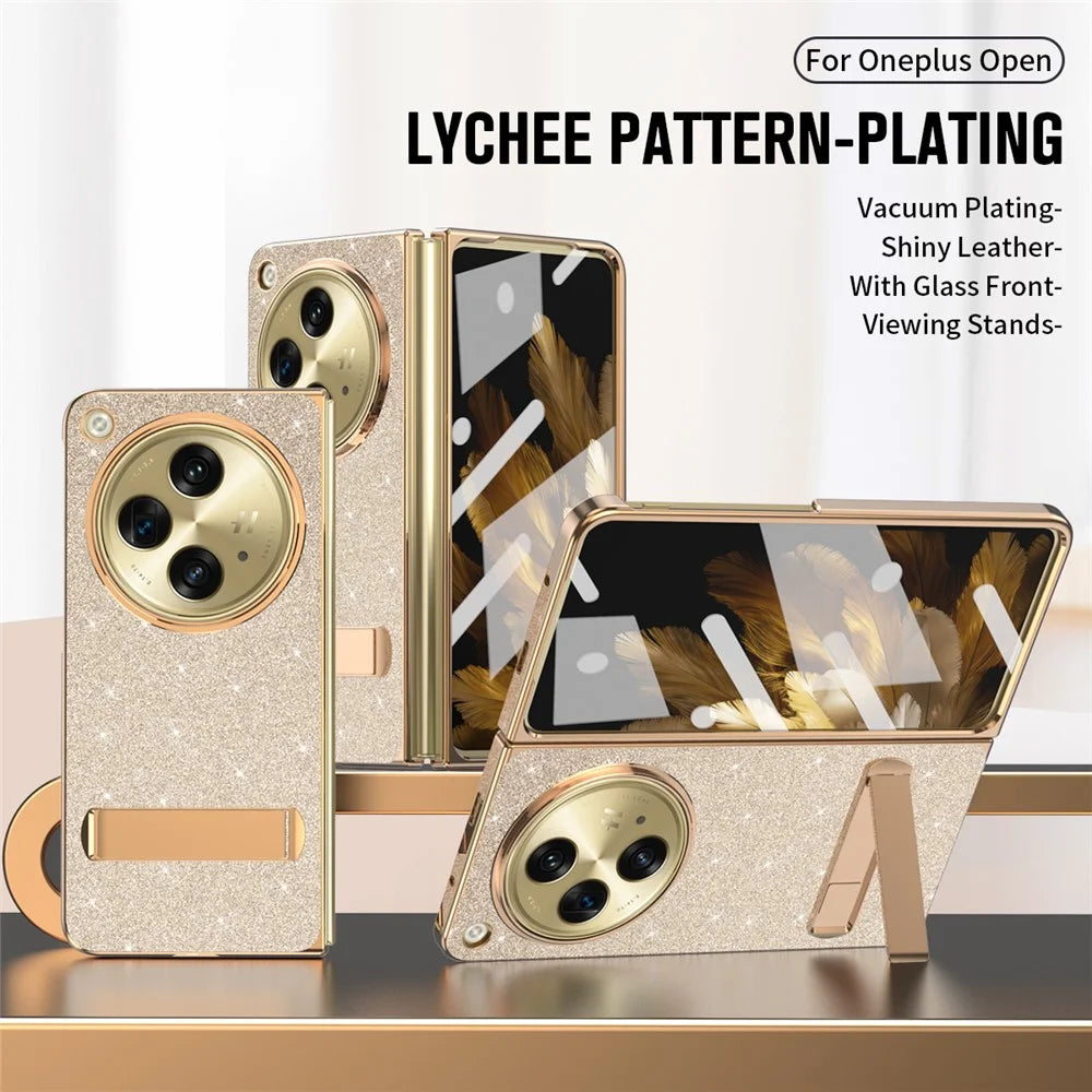 For OnePlus Open Case Kickstand Glitter PU Leather + PC Folding Phone Cover - Gold - 3
