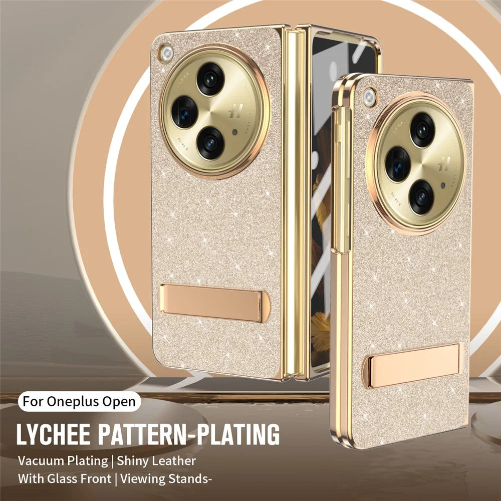 For OnePlus Open Case Kickstand Glitter PU Leather + PC Folding Phone Cover - Gold - 4