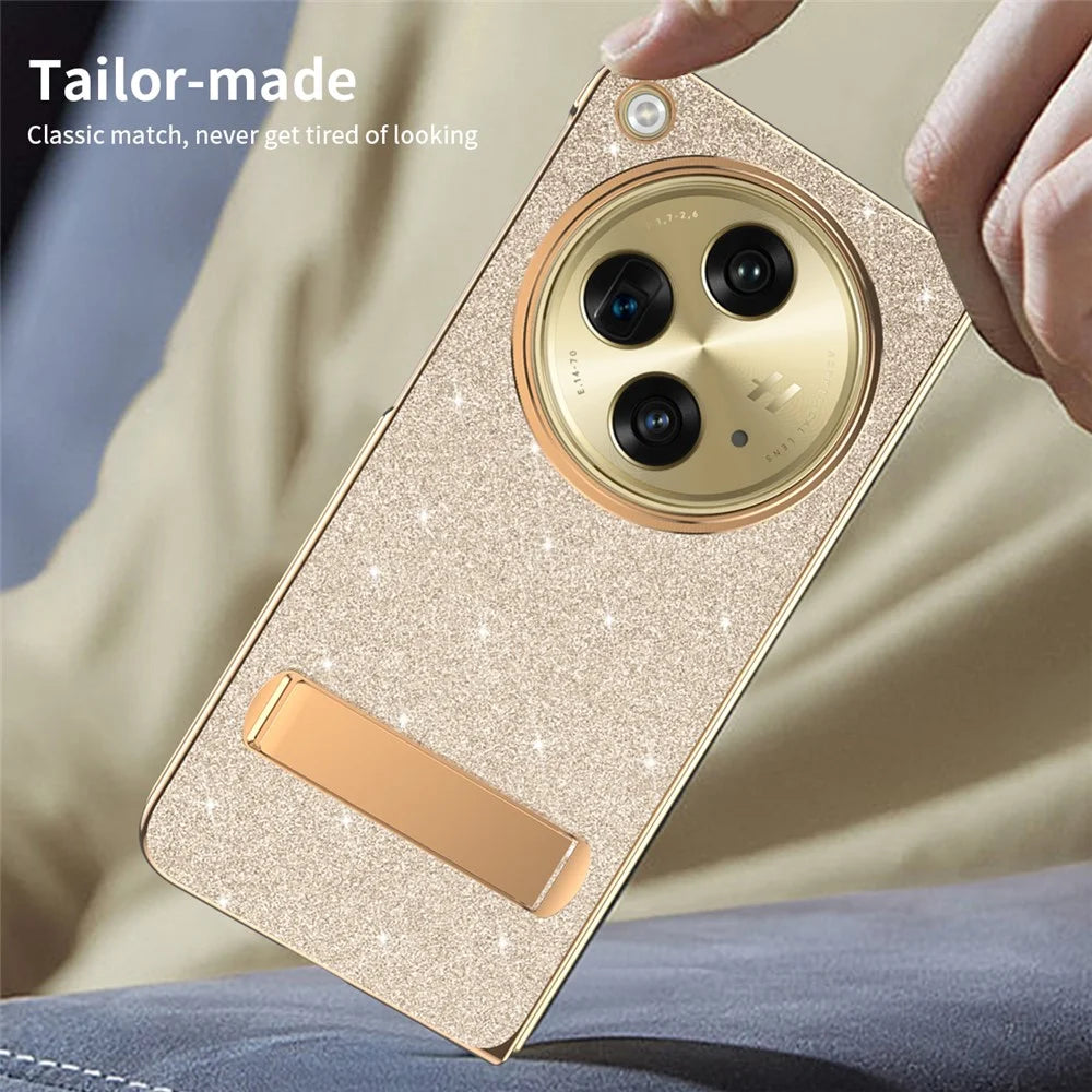 For OnePlus Open Case Kickstand Glitter PU Leather + PC Folding Phone Cover - Gold - 5