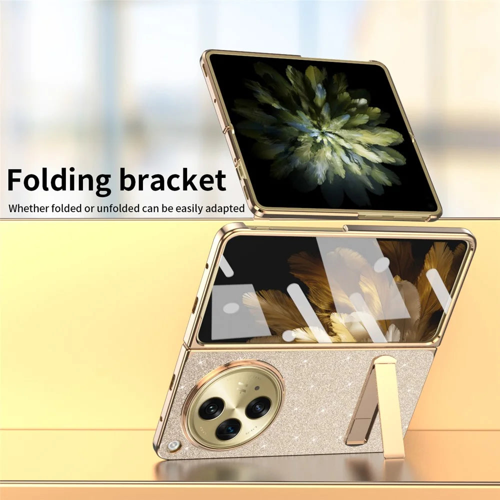 For OnePlus Open Case Kickstand Glitter PU Leather + PC Folding Phone Cover - Gold - 6