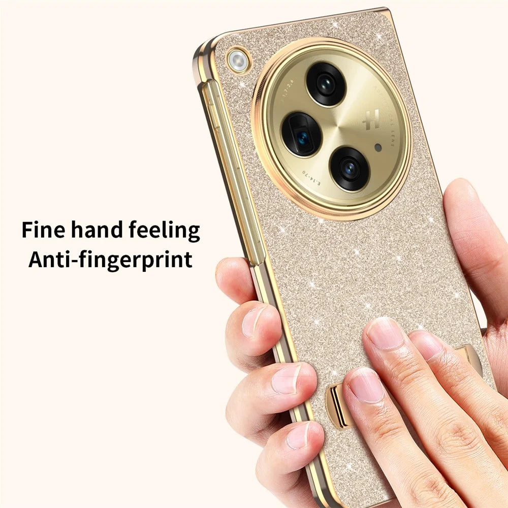 For OnePlus Open Case Kickstand Glitter PU Leather + PC Folding Phone Cover - Gold - 7